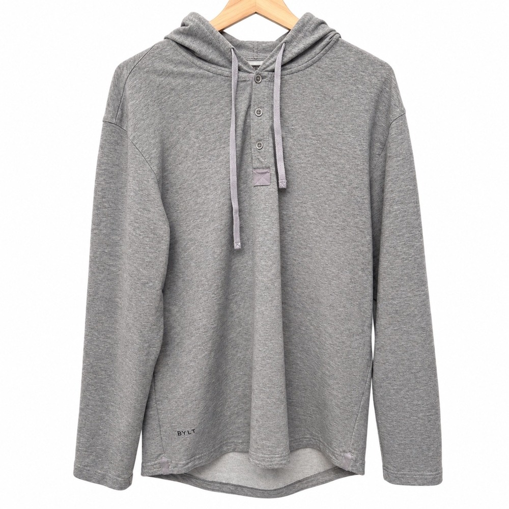 BYLT Drop Cut Lux Hooded Henley Men's Large Long Sleeve Heather Grey Pullover